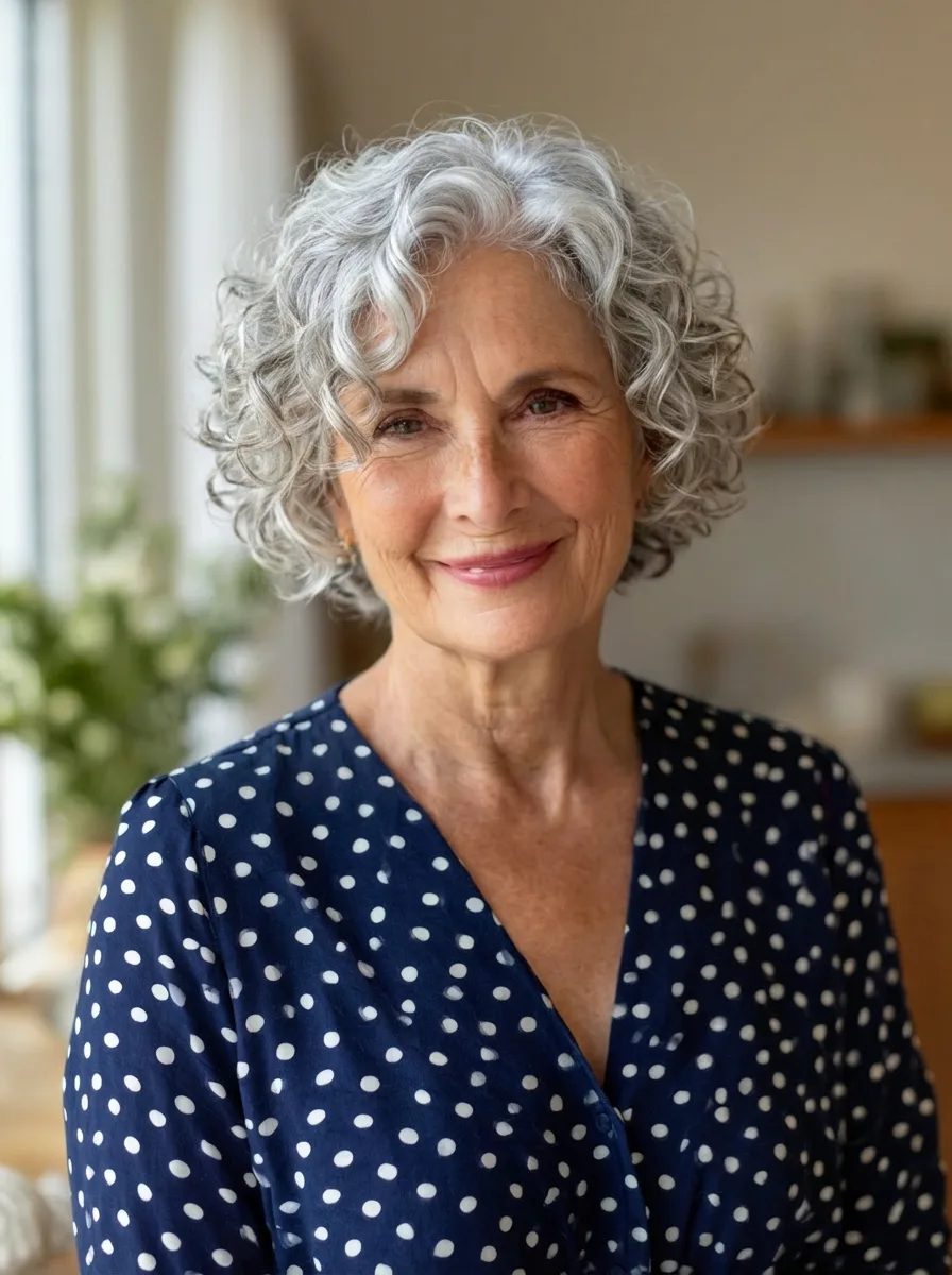 Voluminous Short Silver Frost Curly Bob for Round Faces